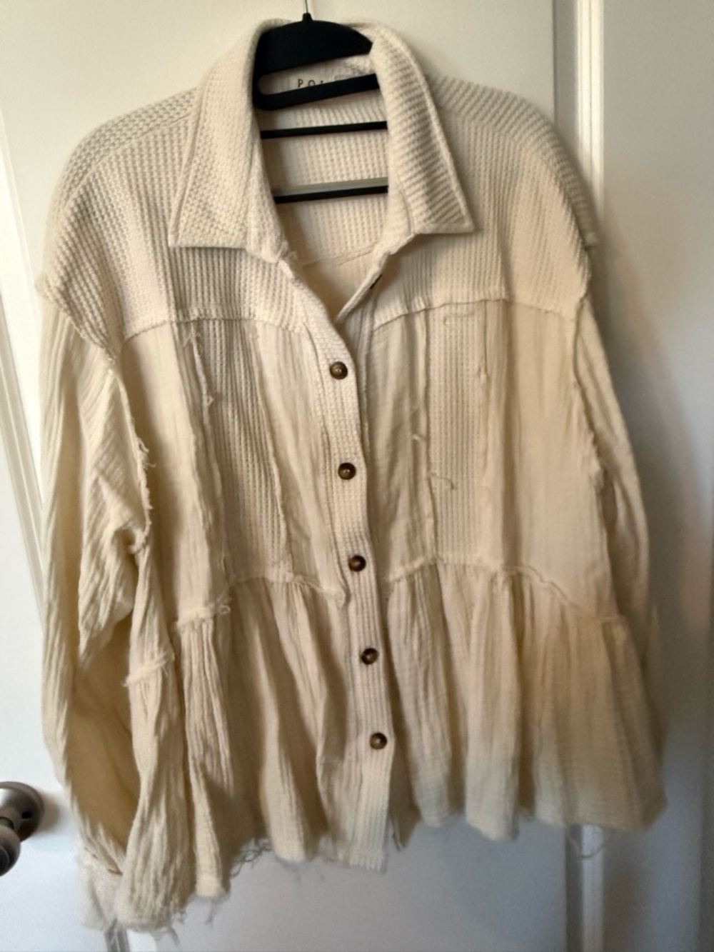 POL Cream Button-Down Textured Knit Shirt